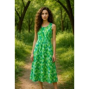 Choices Maxi Dress Womens L Green Linen Abstract Cottagecore‎ Fairy Flowy Lagom